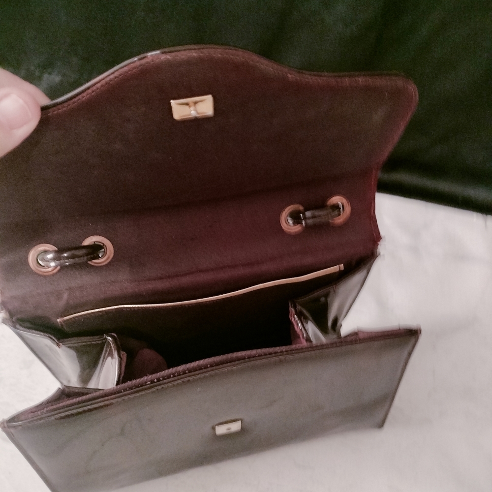 Vintage Style, Oxblood, Patent Faux Leather, Baguette Handbag Shoulder Bag Hard - Picture 6 of 10